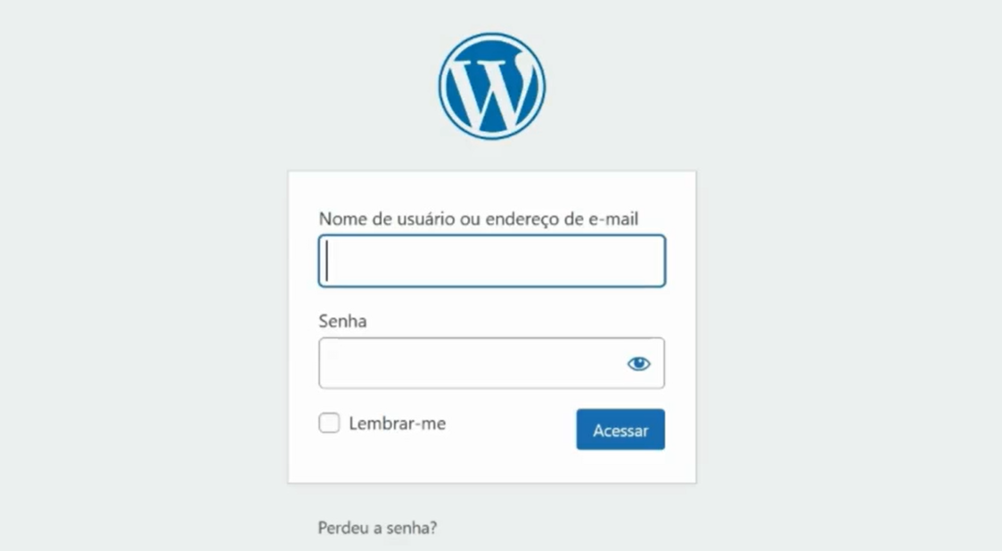 Imagem da área de login do WordPress. Os campos de nome e senha estão abertos para os usuários inserirem as informações