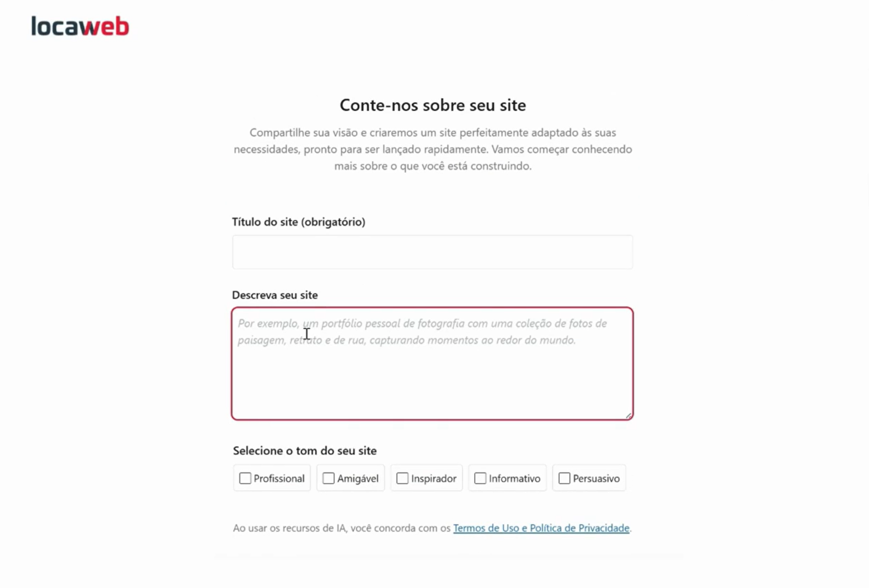 Imagem da primeira etapa de configuração. As informações a serem preenchidas são o título do site, a descrição das páginas e o tom que as comunicações do site devem seguir.