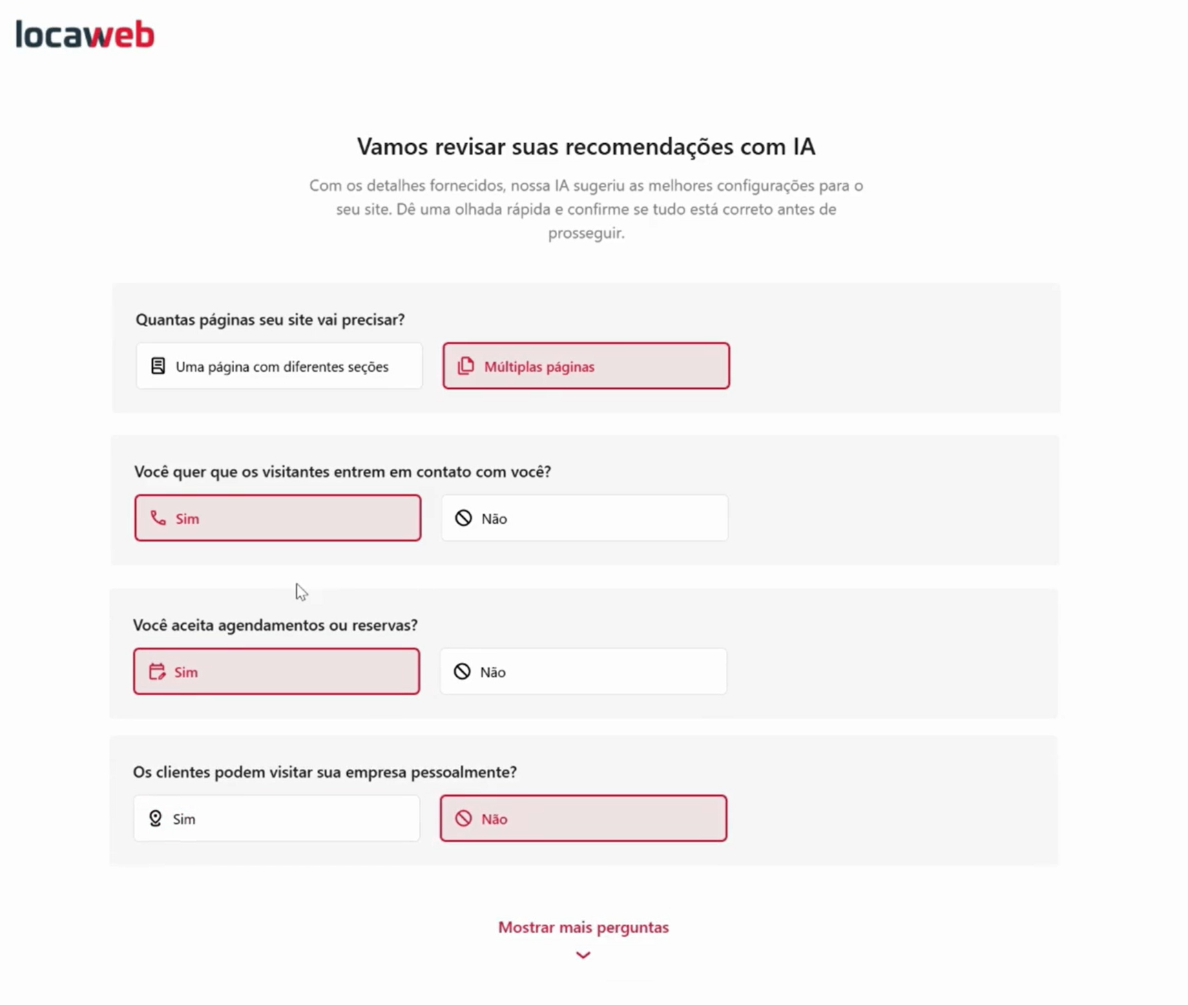 Imagem da segunda etapa de criação do site onde a IA faz perguntas para entender melhor o projeto solicitado.