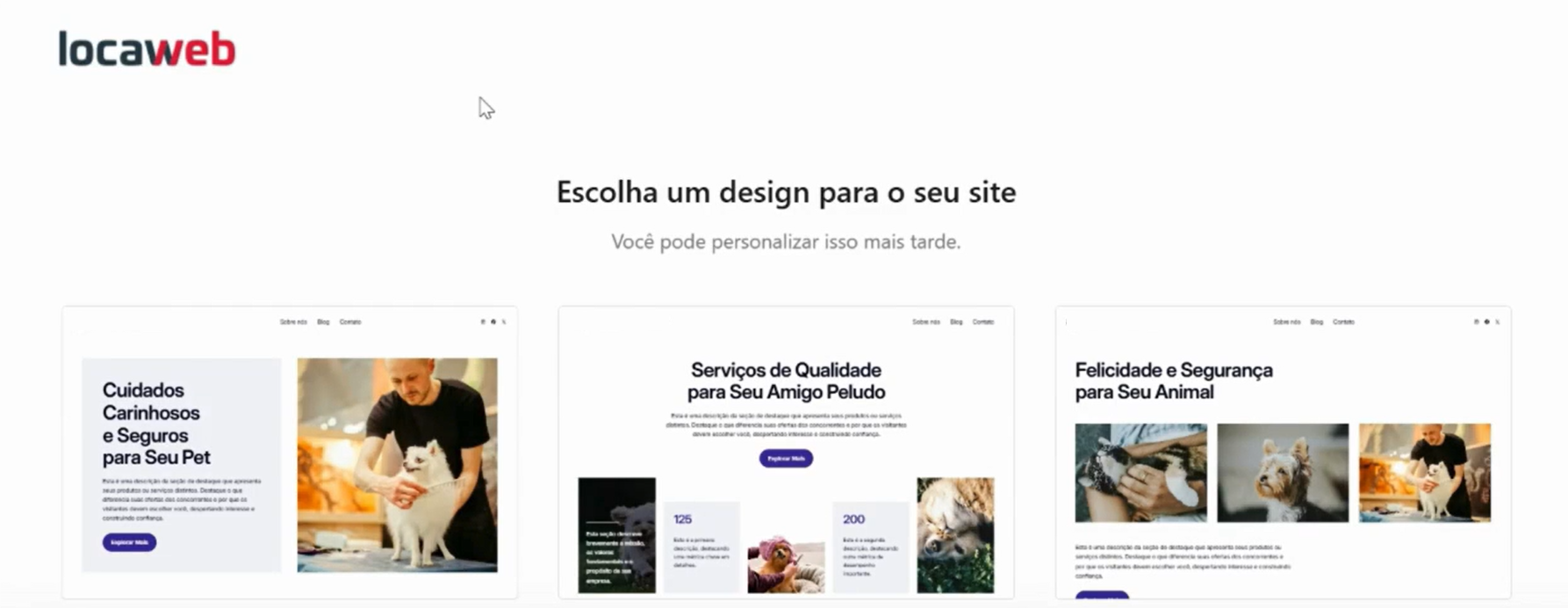 Imagem da terceira etapa de criação do site. A página está exibindo uma galeria de templates que combina com as informações do projeto.