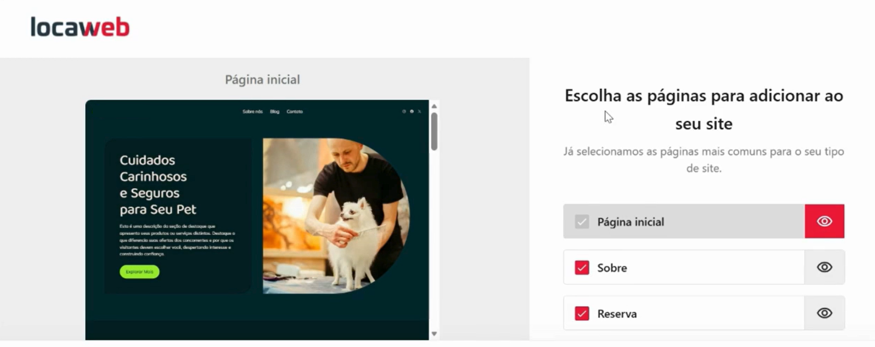Imagem da última etapa de criação do site. Nessa etapa, há uma lista de páginas com assuntos comuns em sites, como a página inicial, a área sobre a empresa, aba de agendamento, entre outros temas.