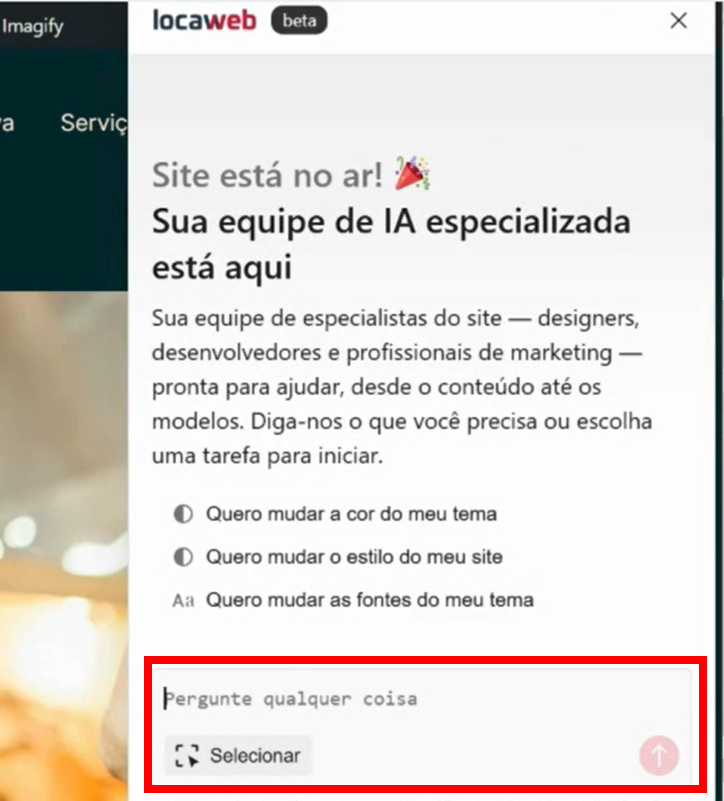 Imagem do chat do assistente virtual do WordPress com IA. O campo para digitar o pedido está destacado.]