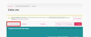 Imagem do editor de páginas do Criador de Sites com IA destacando o botão de salvar rascunho no lado superior esquerdo da tela.