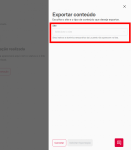 Imagem do formulário de exportação com o campo de seleção de domínio aberto.