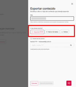 Imagem do formulário de exportação destacando as três opções de seleção: FTP, Banco de Dados e ambos.