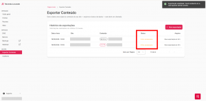 Imagem da tela de exportação com uma tabela exibindo as solicitações abertas de FTP e banco de dados. As solicitações exibidas estão em andamento.