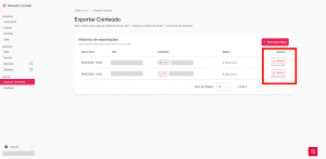 Imagem da tela de exportação com a tabela de solicitações concluídas. No lado direito de cada linha da solicitação, há um botão com o texto Baixar.