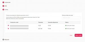 Listagem das caixas de email disponíveis no domínio informado. A lista exibe uma caixa de seleção para escolher quais devem ser migradas e possui informações, como: tamanho, tamanho máximo disponível para migrar e o status, indicando se a caixa está obedecendo os requisitos da migração.](Imagem-12)