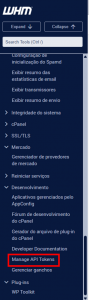 Painel do WHM mostrando o menu lateral expandido na seção "Development", com uma caixa de bordas vermelhas destacando a opção "Manage API Token".](Imagem-02)