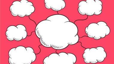a imagem é uma ilustração com fundo rosa e com uma nuvem branca grande no centro e oito nuvens brancas menores conectadas ao seu redor. A ilustração faz alusão a um mapa mental.