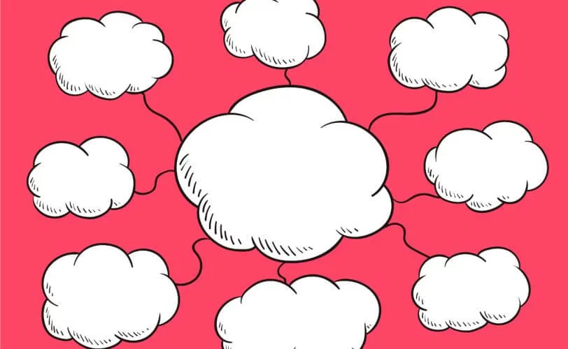 a imagem é uma ilustração com fundo rosa e com uma nuvem branca grande no centro e oito nuvens brancas menores conectadas ao seu redor. A ilustração faz alusão a um mapa mental.
