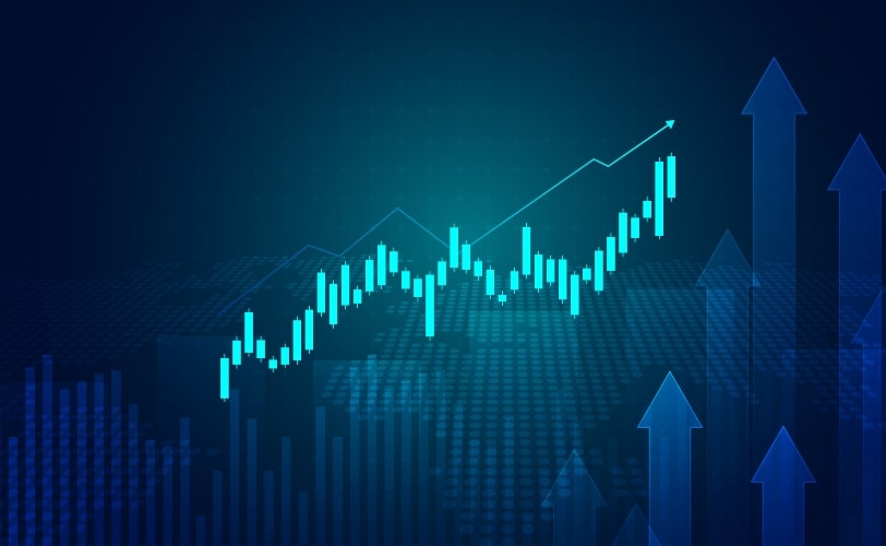 Na imagem há uma ilustração em tons de azul. E um gráfico em azul claro em formato crescente. A imagem faz parte do conteúdo sobre email-marketing e conquista de cliques. 