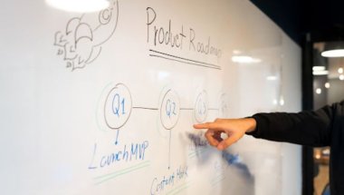 na imagem há a visão de uma lousa em que há um roadmap de produto e também tem um homem apontando para um círculo escrito ‘Q2’. A imagem faz referência a como fazer um roadmap.