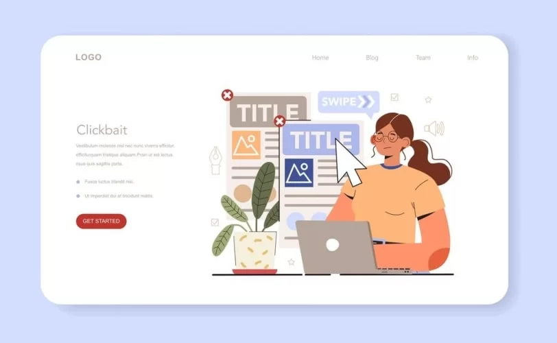 Há um layout de site, ao lado esquerdo o título clickbait com um texto, à direita uma ilustração de uma moça no computador com páginas de site ao seu redor e no topo o logo e o menu. 