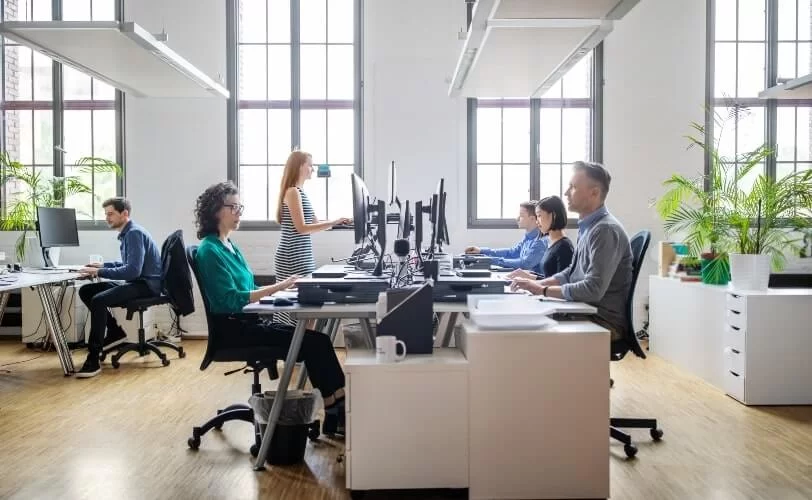 Sala de escritório. Seis pessoas estão trabalhando frente aos seus computadores. 