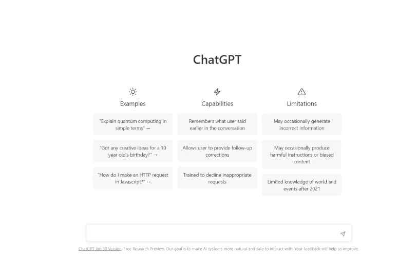 A imagem mostra exemplos, capacidades e limitações da IA ChatGPT. 