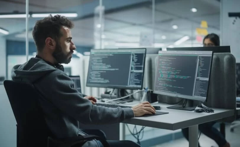 Na imagem há um homem trabalhando em uma mesa dentro do escritório. Tendo duas telas com códigos de programação a sua frente. 