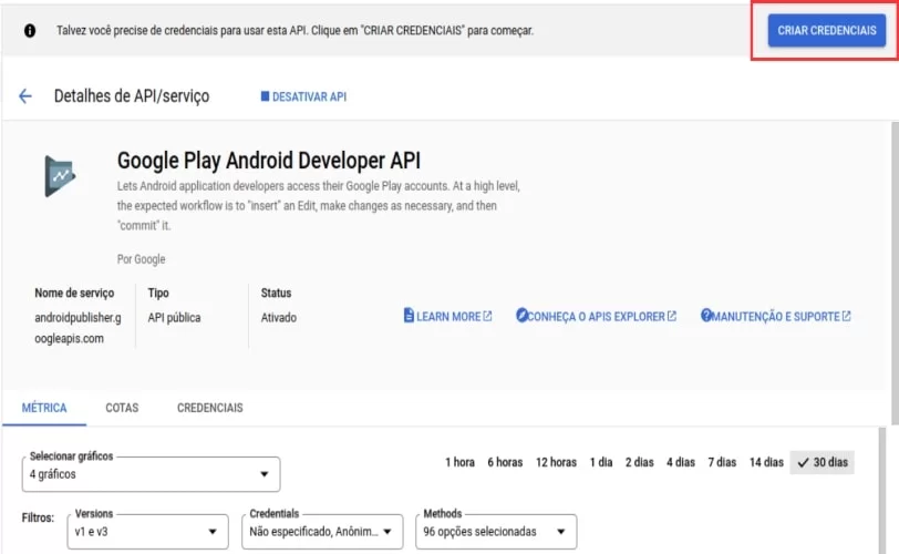 tela do google cloud para ativar opção de 'criar credenciais'. 