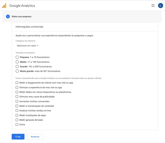 categoria empresa configuração google analytics