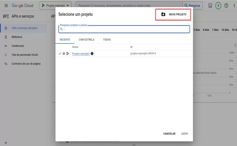 tela do google cloud para criar um novo projeto. 
