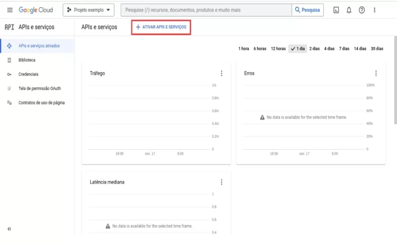 tela do google cloud, evidenciando a opção de 'ativar apis e serviços'.