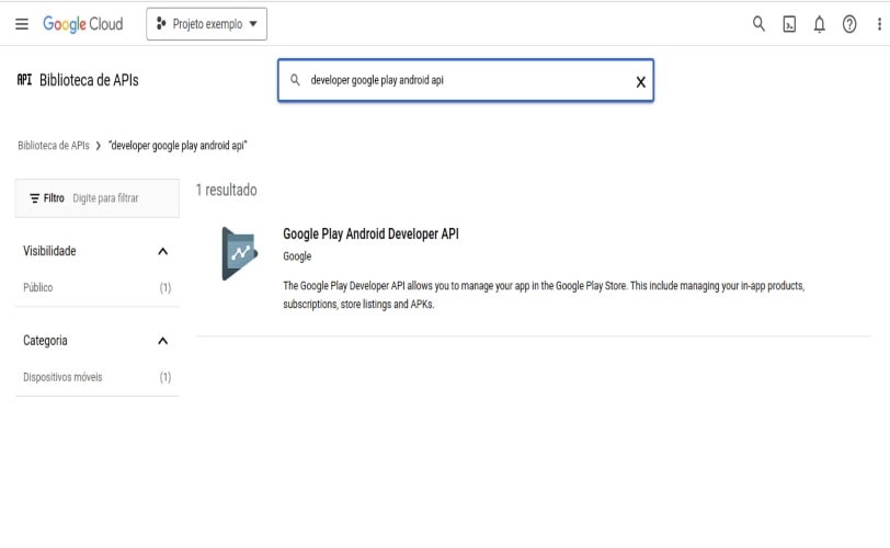 tela do google cloud, evidenciando a opção de escrever na caixa de pesquisa 'developer google play android api'. 