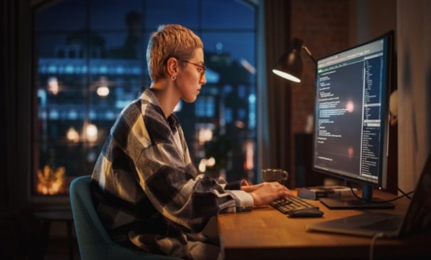 mulher programadora em frente a uma tela de computador