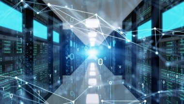 Corredor de data center iluminado, com servidores em ambos os lados e representações de dados binários flutuando no ar, simbolizando transferência de dados e tecnologia.