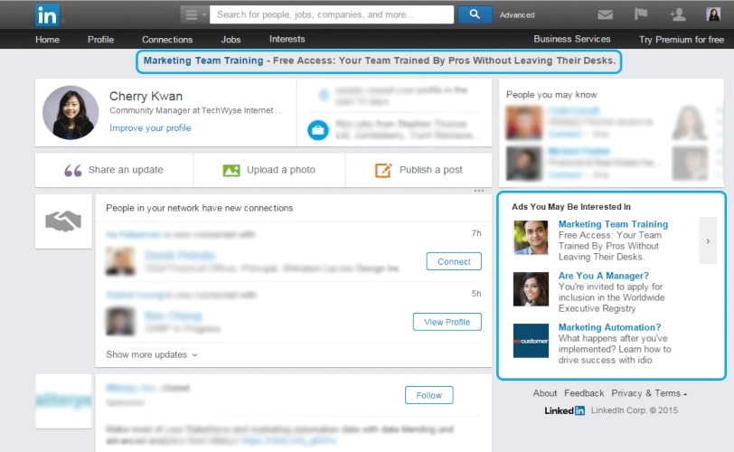 Tela do LinkedIn, dando ênfase à direita onde estão os Text Ads na plataforma. 