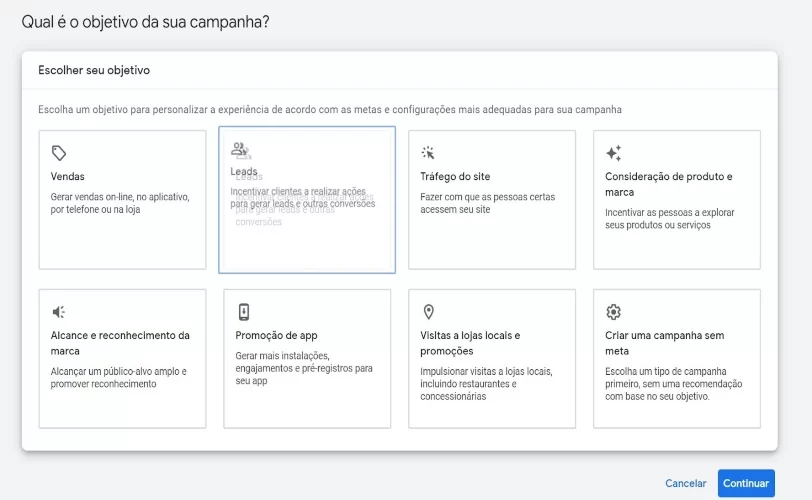 Tela para criação de anúncio do Google. 