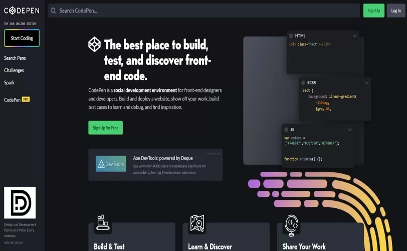 interface da codepen, página inicial