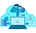 A ilustração representa o conceito de computação em nuvem, mostrando um laptop conectado a servidores e serviços baseados em nuvem. O design inclui ícones de carregamento, autenticação de usuário, transferência de arquivos e comunicação entre dispositivos, simbolizando a integração de sistemas e armazenamento de dados, o que também pode ocorrer na Hospedagem Dedicada.