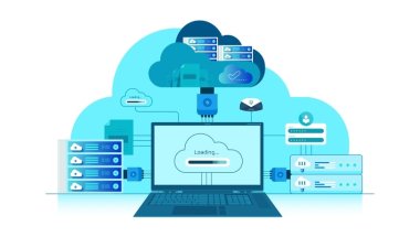 A ilustração representa o conceito de computação em nuvem, mostrando um laptop conectado a servidores e serviços baseados em nuvem. O design inclui ícones de carregamento, autenticação de usuário, transferência de arquivos e comunicação entre dispositivos, simbolizando a integração de sistemas e armazenamento de dados, o que também pode ocorrer na Hospedagem Dedicada.