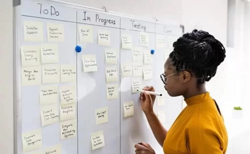 mulher montando um quadro de kanban