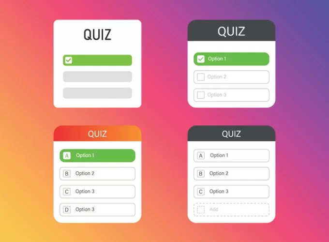 Imagem com quatro modelos de interface de questionário em diferentes esquemas de cores e layouts sobre um fundo degradê