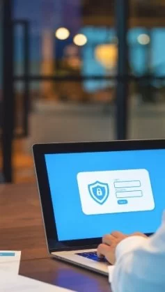 A imagem mostra um homem de roupas sociais acessando, em seu notebook, um site com certificado SSL.