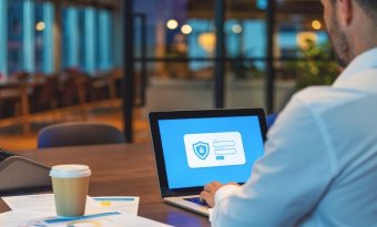 A imagem mostra um homem de roupas sociais acessando, em seu notebook, um site com certificado SSL.