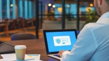 A imagem mostra um homem de roupas sociais acessando, em seu notebook, um site com certificado SSL.