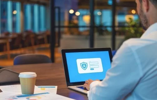 A imagem mostra um homem de roupas sociais acessando, em seu notebook, um site com certificado SSL.