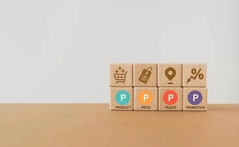 A imagem mostra os 4Ps de Marketing em com símbolos do que cada P representa.  