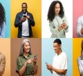 8 pessoas mexendo em seus celulares em takes diferentes. A imagem compõe o conteúdo sobre como criar uma estratégia de marketing de nicho.