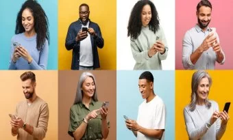 8 pessoas mexendo em seus celulares em takes diferentes. A imagem compõe o conteúdo sobre como criar uma estratégia de marketing de nicho.