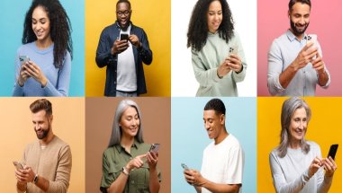 8 pessoas mexendo em seus celulares em takes diferentes. A imagem compõe o conteúdo sobre como criar uma estratégia de marketing de nicho.