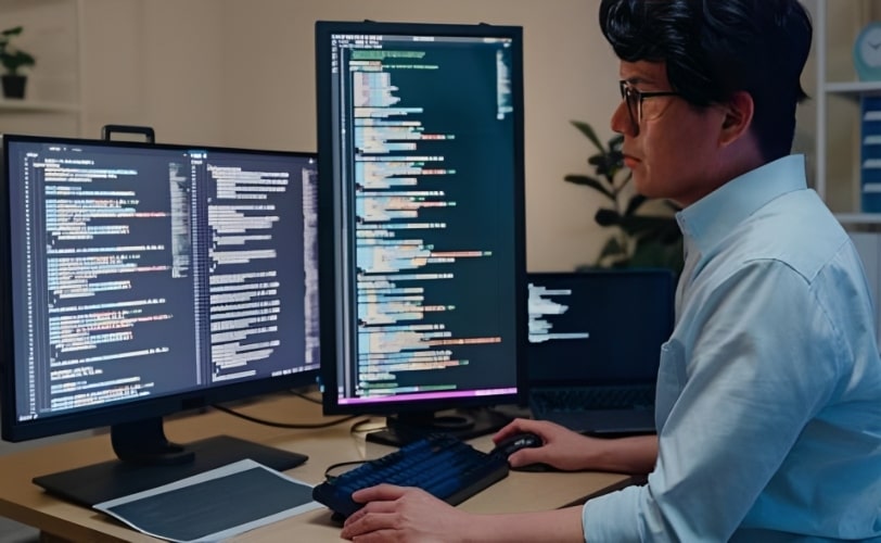 A imagem mostra um homem desenvolvedor sentado em frente a duas telas de computador com um editor de código aberto em ambas. A imagem compõe o conteúdo sobre CI/CD.  