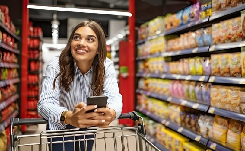 Mulher com carrinho de compras em supermercado. Entender o comportamento do consumidor é importante para vender mais.  