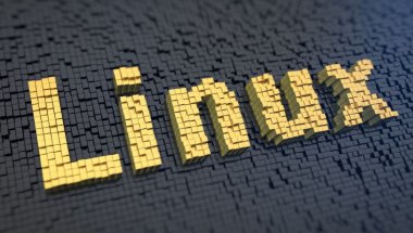 Imagem formada por pixels quadrados com palavra Linux em 3D amarelo e fundo cinza.