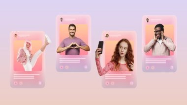 A imagem mostra 5 feeds de redes sociais fictícias com uma personalidade em cada uma delas. Denotando a ideia de Marketing de Influência.