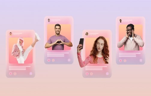 A imagem mostra 5 feeds de redes sociais fictícias com uma personalidade em cada uma delas. Denotando a ideia de Marketing de Influência.