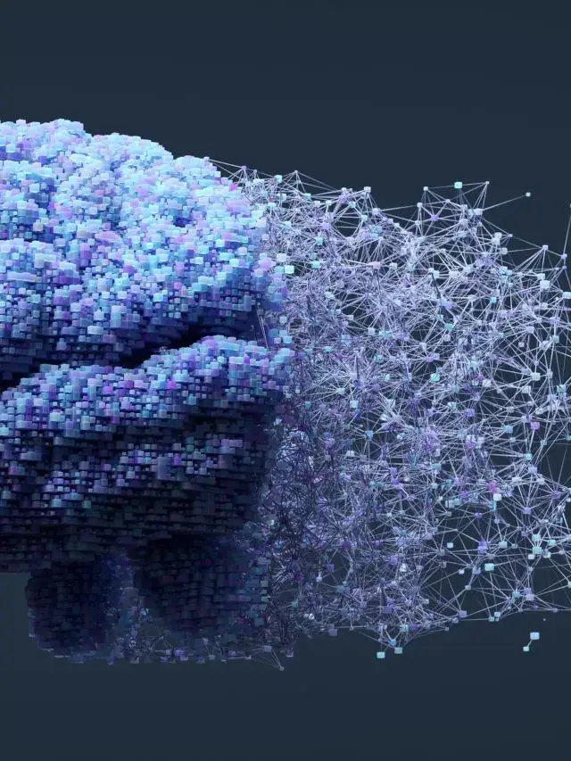 A imagem apresenta a ilustração tridimensional de um cérebro humano azulado com várias conexões digitais multicoloridas. O fundo da imagem é escuro. O tema do web story são os agentes de IA.