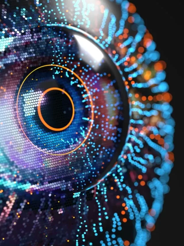 A imagem tridimensional com fundo escuro representa um olho humano, criado com pixels de diferentes tamanhos, formas e cores, sobre um fundo escuro. O tema do web story é Gemini AI.
